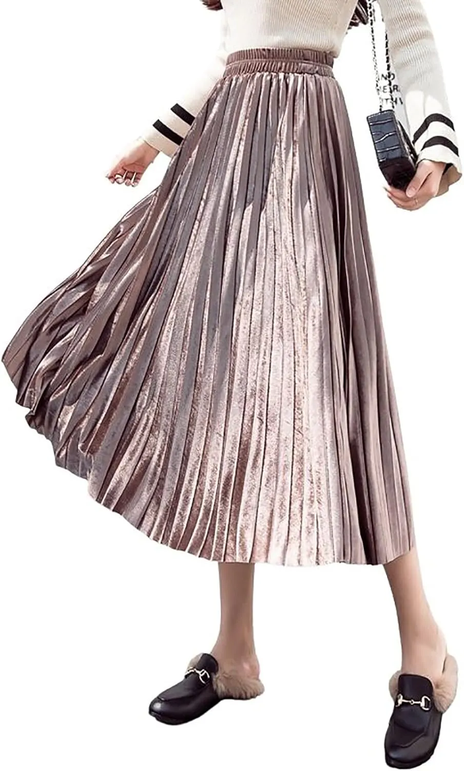 yoeasy Women Gold Velvet Pleated Long Skirts High Elastic Waist Swing Ruffled A Line Midi Skirts