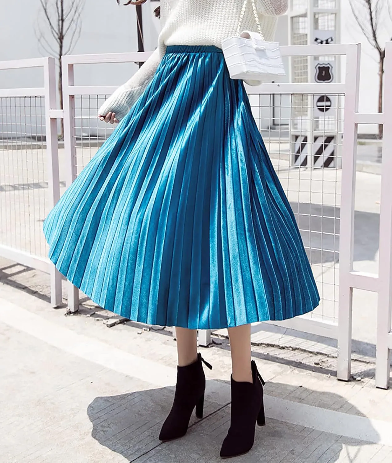 yoeasy Women Gold Velvet Pleated Long Skirts High Elastic Waist Swing Ruffled A Line Midi Skirts