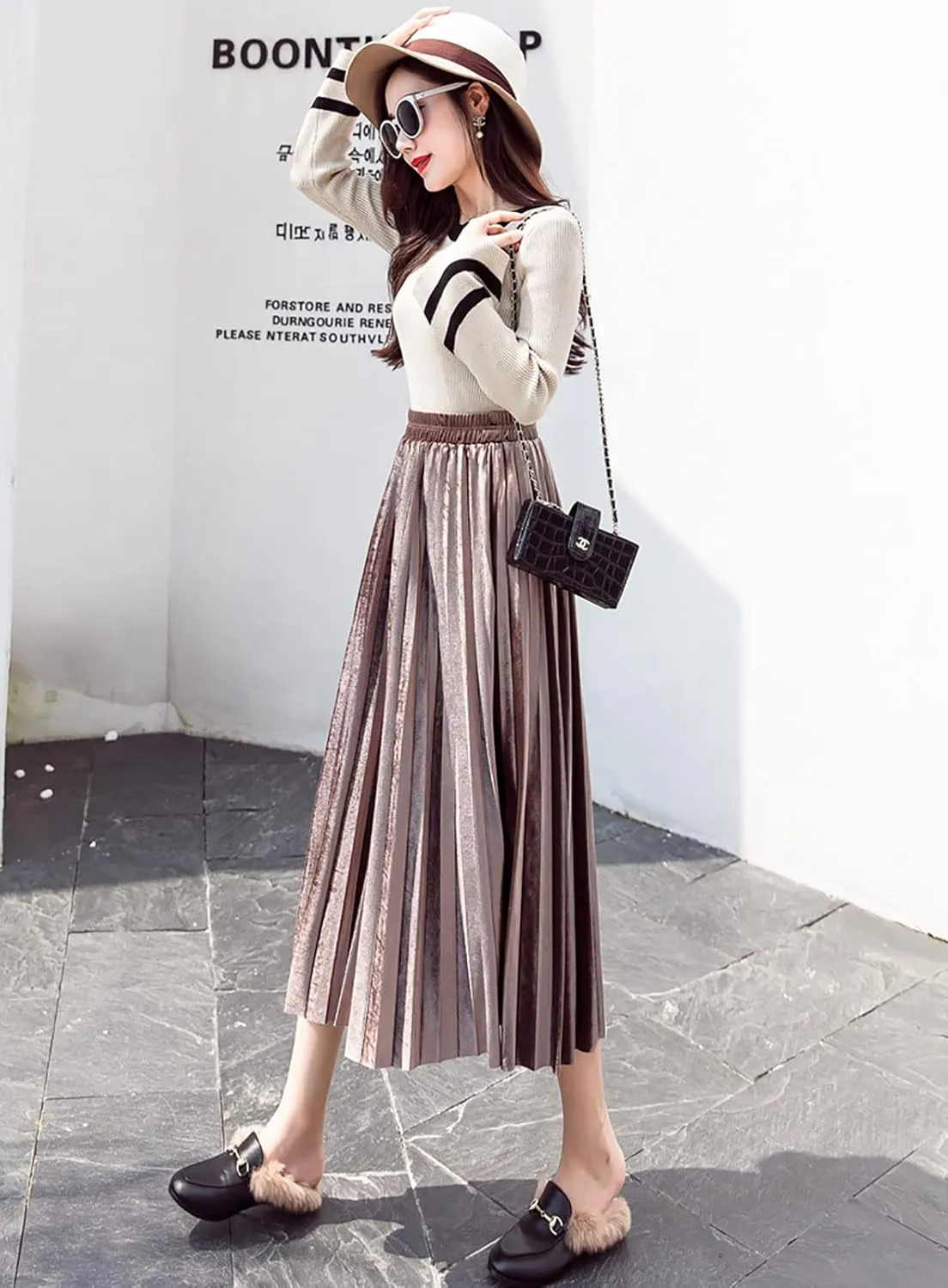 yoeasy Women Gold Velvet Pleated Long Skirts High Elastic Waist Swing Ruffled A Line Midi Skirts