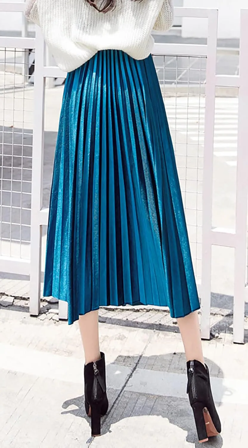 yoeasy Women Gold Velvet Pleated Long Skirts High Elastic Waist Swing Ruffled A Line Midi Skirts