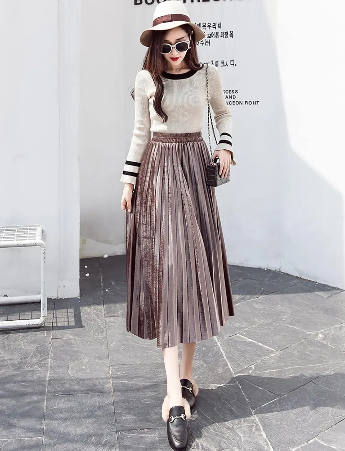 yoeasy Women Gold Velvet Pleated Long Skirts High Elastic Waist Swing Ruffled A Line Midi Skirts