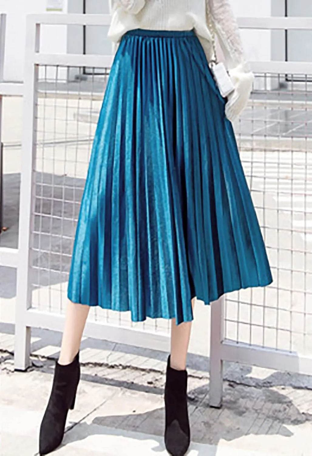 yoeasy Women Gold Velvet Pleated Long Skirts High Elastic Waist Swing Ruffled A Line Midi Skirts