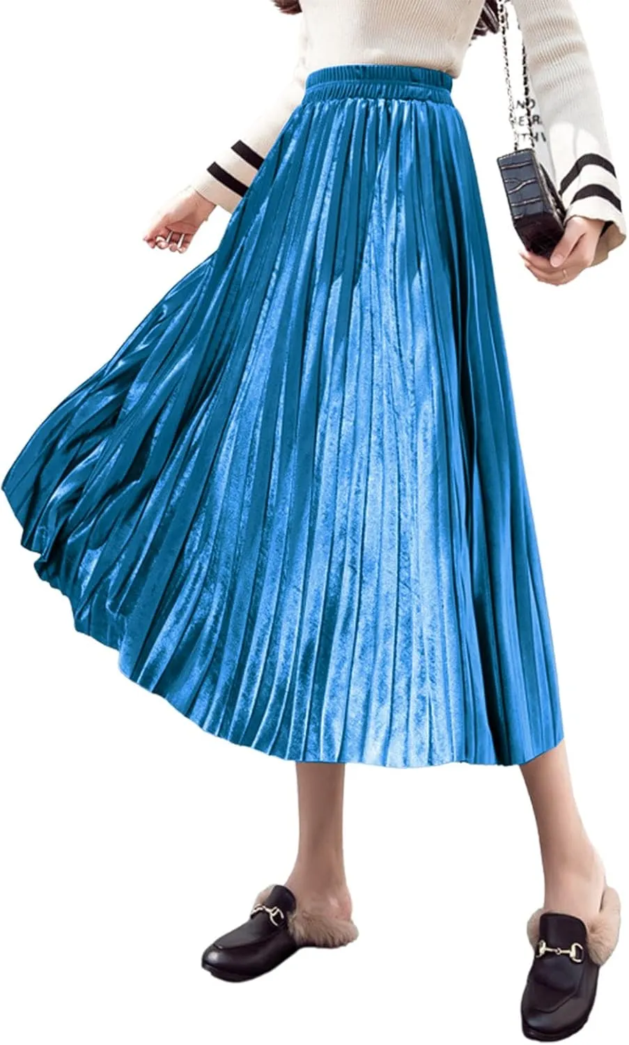 yoeasy Women Gold Velvet Pleated Long Skirts High Elastic Waist Swing Ruffled A Line Midi Skirts
