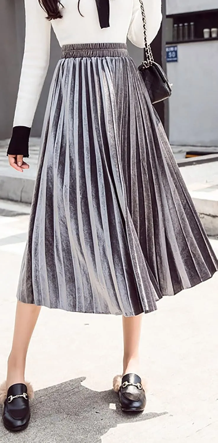 yoeasy Women Gold Velvet Pleated Long Skirts High Elastic Waist Swing Ruffled A Line Midi Skirts