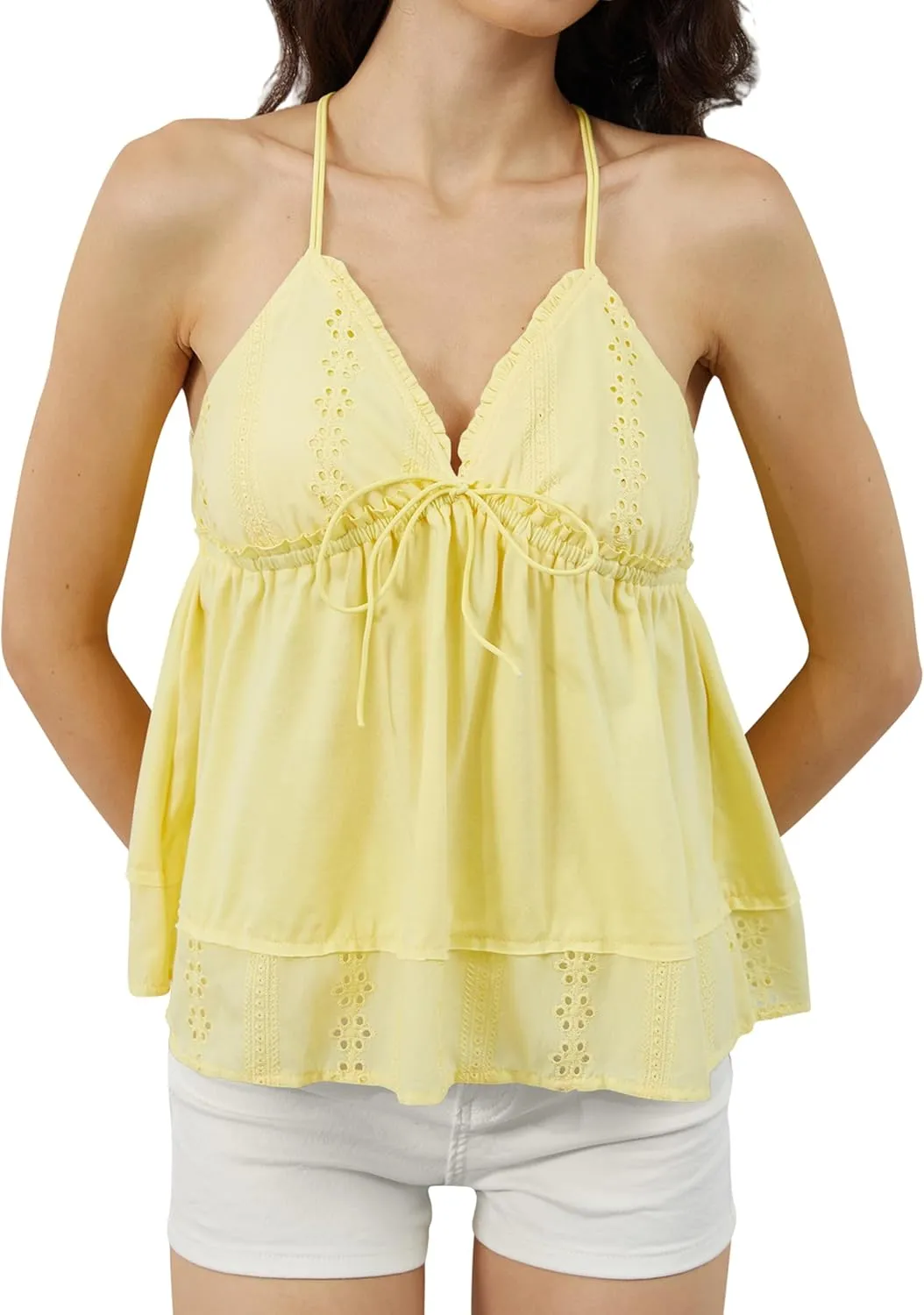 Ythomm Womens Eyelet Peplum Halter Tank Tops Spaghetti Strap Tie Up Scoop Neck Ruffle Hem Flowy Tops Summer Boho Tank Shirts