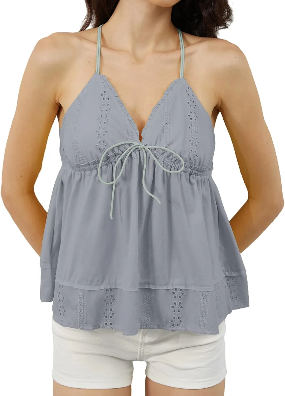 Ythomm Womens Eyelet Peplum Halter Tank Tops Spaghetti Strap Tie Up Scoop Neck Ruffle Hem Flowy Tops Summer Boho Tank Shirts