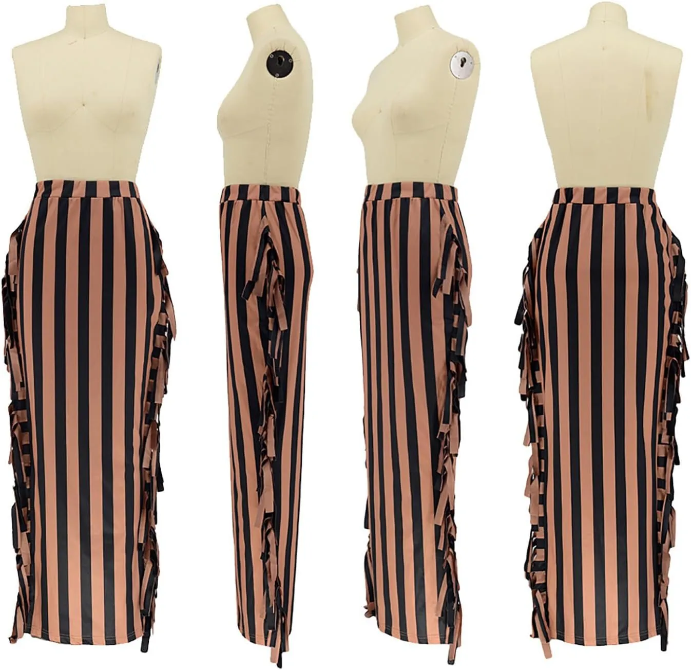 Yuopeid Women's Bodycon High Waist Fringe Long Maxi Skirt Dress Fashion Striped Tassels Edge Cocktail Club Party Long Skirts
