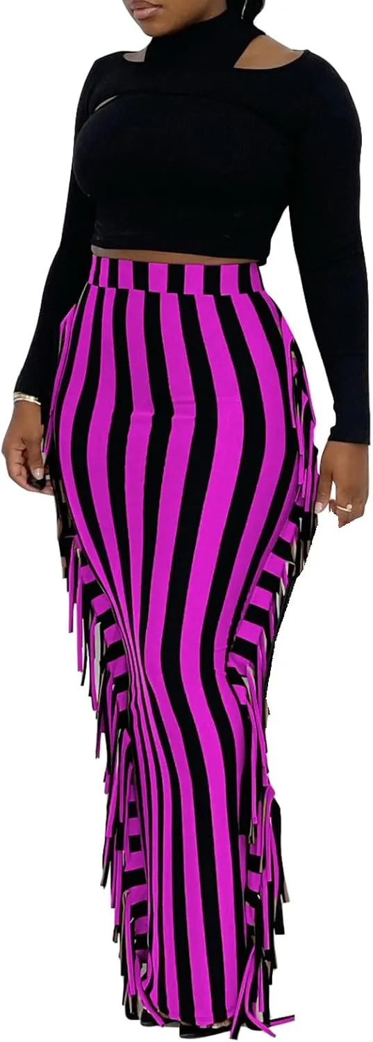 Yuopeid Women's Bodycon High Waist Fringe Long Maxi Skirt Dress Fashion Striped Tassels Edge Cocktail Club Party Long Skirts