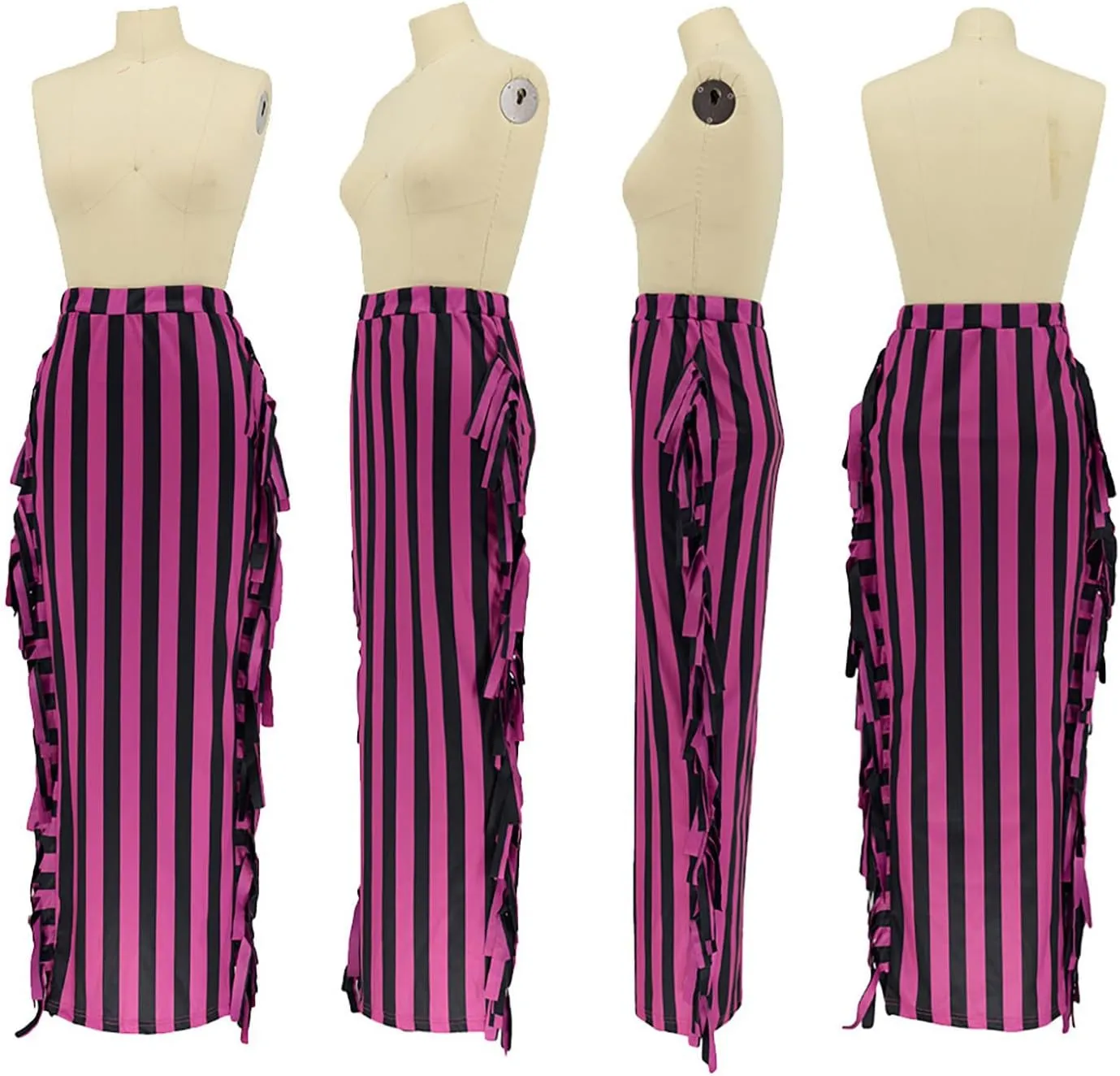 Yuopeid Women's Bodycon High Waist Fringe Long Maxi Skirt Dress Fashion Striped Tassels Edge Cocktail Club Party Long Skirts