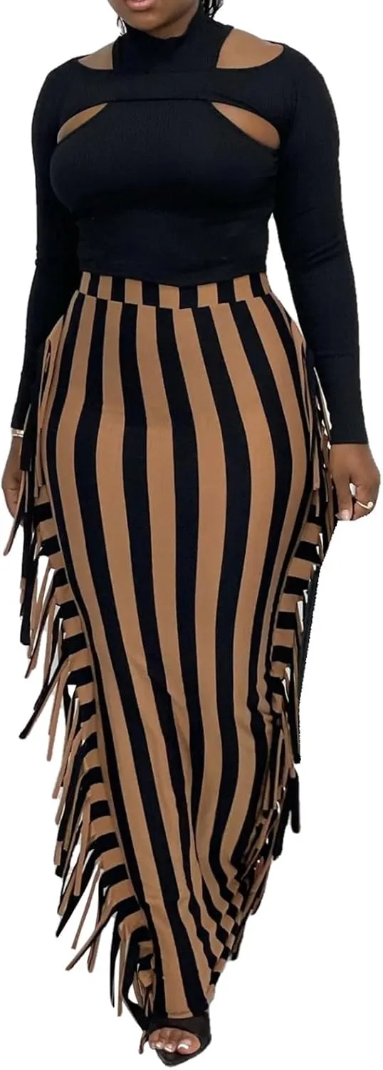Yuopeid Women's Bodycon High Waist Fringe Long Maxi Skirt Dress Fashion Striped Tassels Edge Cocktail Club Party Long Skirts