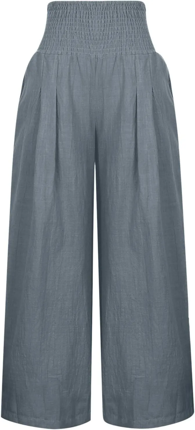 ZDRZK Women Linen Palazzo Pants Summer 2023 Boho Wide Leg High Waist Casual Flowy Lounge Pant Trousers with Pocket