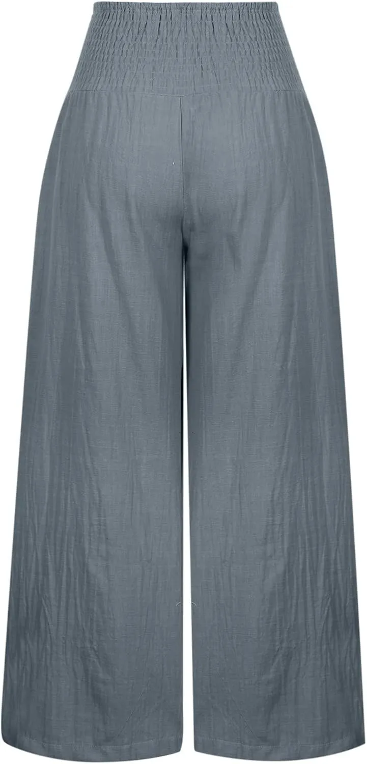 ZDRZK Women Linen Palazzo Pants Summer 2023 Boho Wide Leg High Waist Casual Flowy Lounge Pant Trousers with Pocket