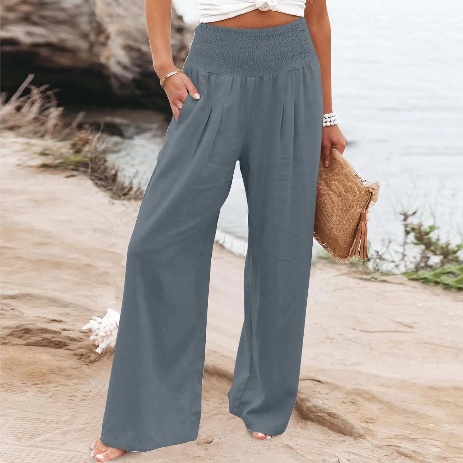 ZDRZK Women Linen Palazzo Pants Summer 2023 Boho Wide Leg High Waist Casual Flowy Lounge Pant Trousers with Pocket