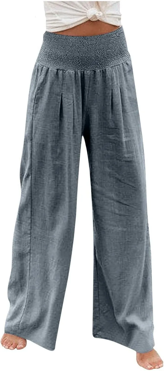 ZDRZK Women Linen Palazzo Pants Summer 2023 Boho Wide Leg High Waist Casual Flowy Lounge Pant Trousers with Pocket