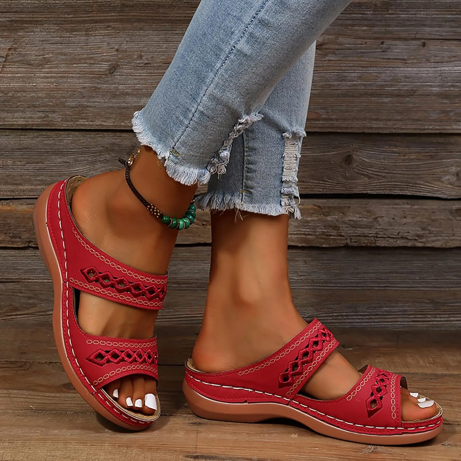 ZSpzx Orthopedic Sandals For Women,Women's Orthotic 2025 Dressy Summer Flat Open Toe Platform Sandals Hollow Out Comfortable Casual Boho Slip on Memory Foam Beach Slides Sandals Outdoor Walking Shoes