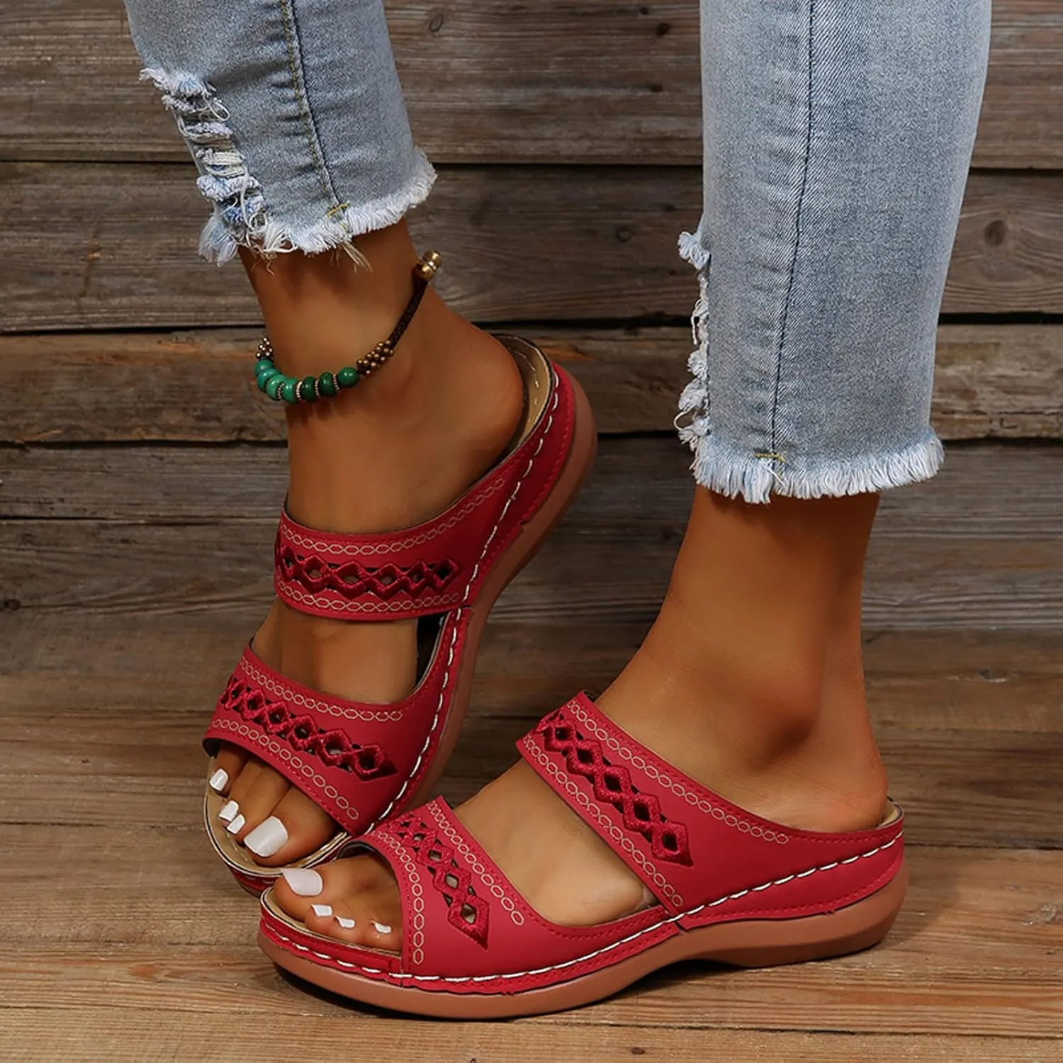 ZSpzx Orthopedic Sandals For Women,Women's Orthotic 2025 Dressy Summer Flat Open Toe Platform Sandals Hollow Out Comfortable Casual Boho Slip on Memory Foam Beach Slides Sandals Outdoor Walking Shoes