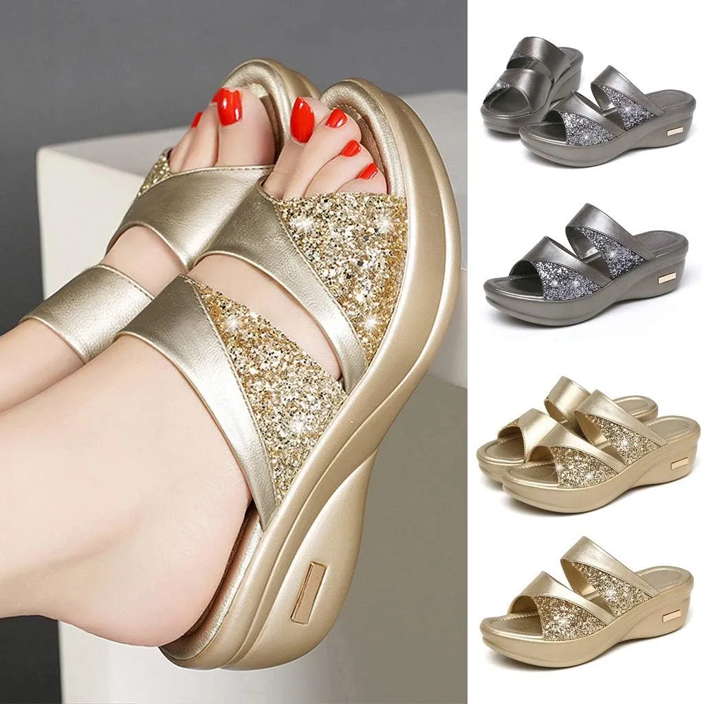 ZSpzx Women's Comfort Dressy Rhinestone Summer Beach Sandals Slip-on Walking Orthopedic Platform Casual Fashion Wedge Heels Sparkly Shoes Bohe Crystal Open Toe Sandal Wedding Shoes For Bride