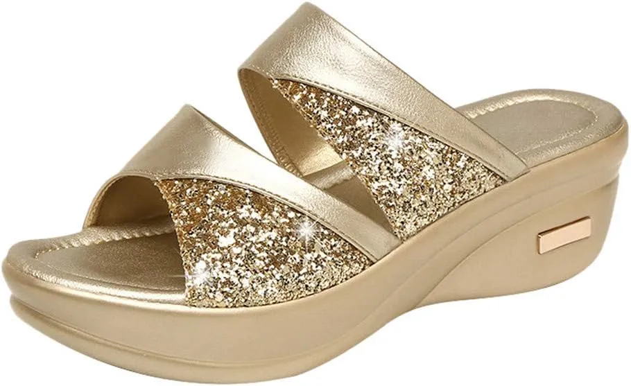 ZSpzx Women's Comfort Dressy Rhinestone Summer Beach Sandals Slip-on Walking Orthopedic Platform Casual Fashion Wedge Heels Sparkly Shoes Bohe Crystal Open Toe Sandal Wedding Shoes For Bride
