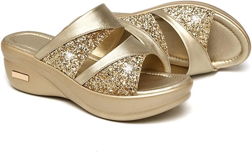 ZSpzx Women's Comfort Dressy Rhinestone Summer Beach Sandals Slip-on Walking Orthopedic Platform Casual Fashion Wedge Heels Sparkly Shoes Bohe Crystal Open Toe Sandal Wedding Shoes For Bride
